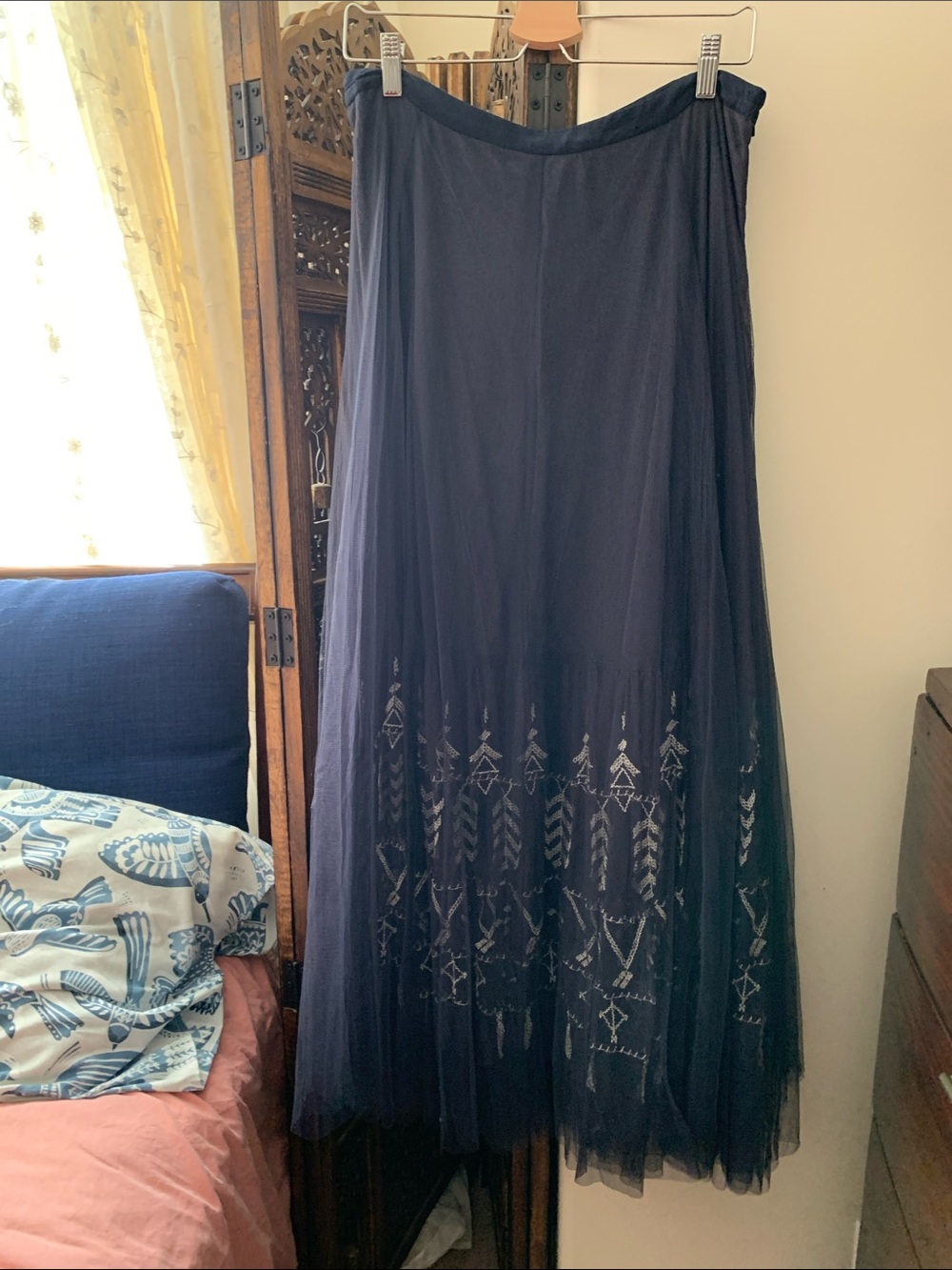 Floreat Navy Tulle Maxi Skirt with Silver Embroidery
